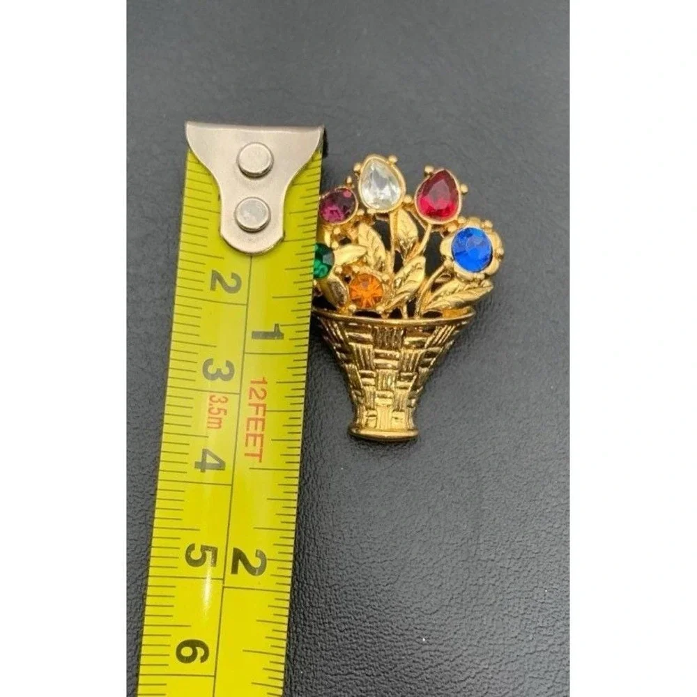 Vintage Monet Flower Basket Gold Tone Brooch Pin Multi Color Rhinestones